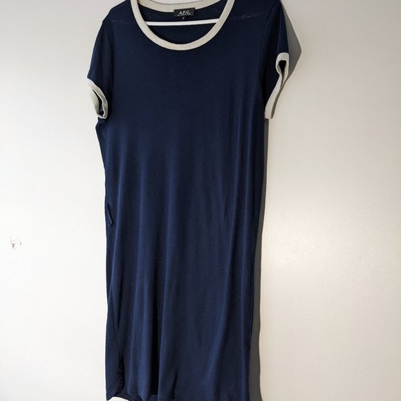 *3/$10* A.P.C. Rue Madame Paris T-Shirt Dress Navy Blue White Size Medium - Picture 1 of 9